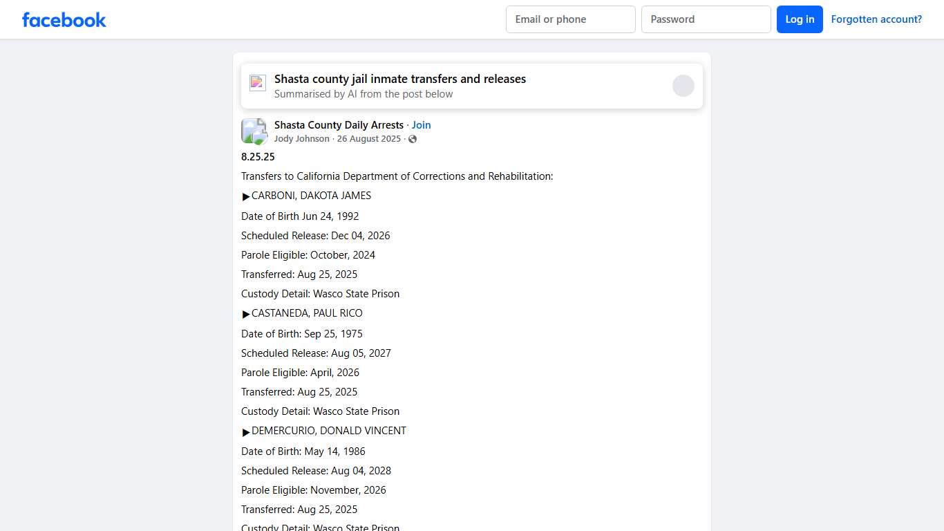 Shasta County Daily Arrests **8.25.25** Facebook