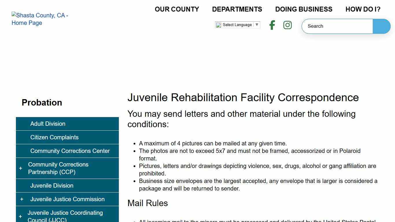Juvenile Rehabilitation Facility Correspondence Shasta County CA